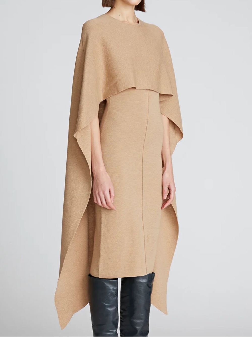 Halston Amal Merino Wool Cape Midi Dress Camel Size Small NWOT $795